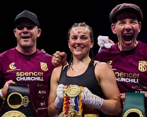Chantelle Cameron with Jamie Moore (left) and Nigel Travis after beating Katie Taylor in May