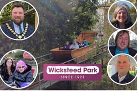 Celebrating the 100th anniversary of Wicksteed Park's Water Chute - clockwise from top left, Cllr Ben Jameson Mayor of Kettering, Ruth Rignall from Wicksteed Park, Gary Enfield, Matt Taylor (North Northants Council) and Georgina and Sharni Laurie visiting from Thrapston/National World