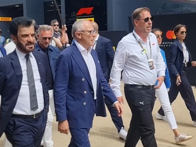 Stefano Domenicali (right), the CEO of Formula One, and Mohammed Ben Sulayem, the president of the FIA.