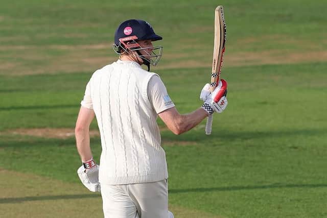 Zak Crawley of Kent celebrates his half century against Northants