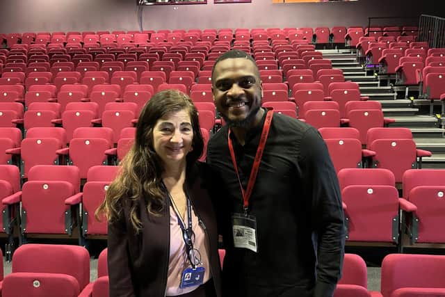 Simba and his former business teacher Diane Fisher, who now teaches at Abbeyfield School.