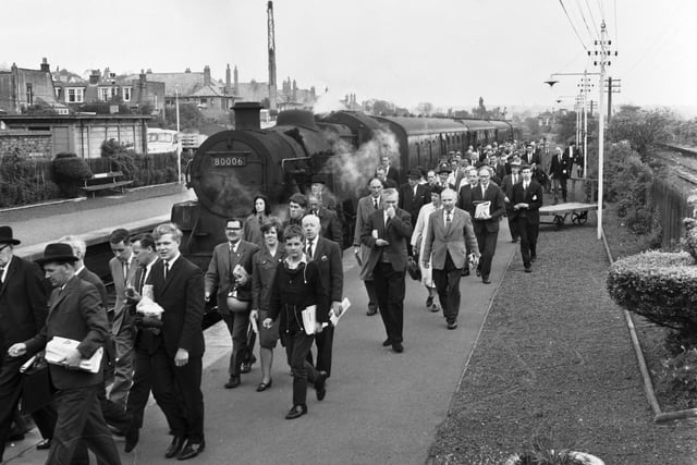 Passengers get off the train at Corstorphine Station in June 1966.
