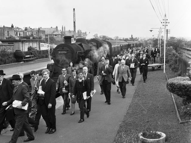 Passengers get off the train at Corstorphine Station in June 1966.