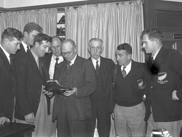 New Zealand Rugby Football Union Touring Team 1953-54 at a Northampton shoe factory