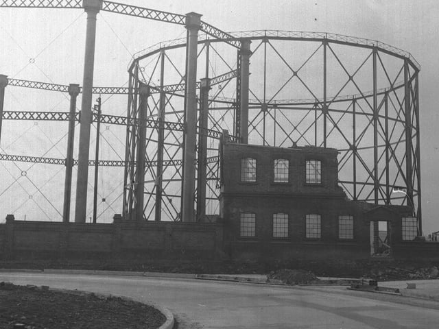 St Peter's Way roundabout being constructed with gasometers in the background Northampton
