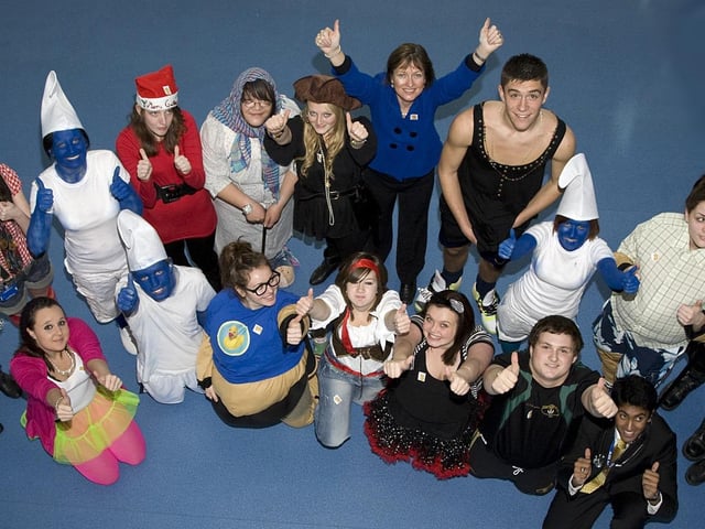 Duston Upper School, Northampton. 6th Formers fancy dress with Mrs J Herriman head mistress in blue, pictured in 2009
