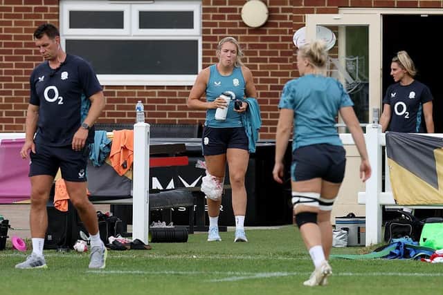 Regular skipper Zoe Aldcroft was pictured with an ice pack on her knee as her England team-mates trained at Daventry RFC at Stefen Hill on Thursday (Photo by David Rogers/Getty Images)
