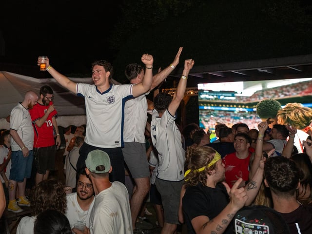 Football fans watching England vs Norway in the garden of The Black Prince in Northampton on Saturday, July 11, 2026. Photo by David Jackson.