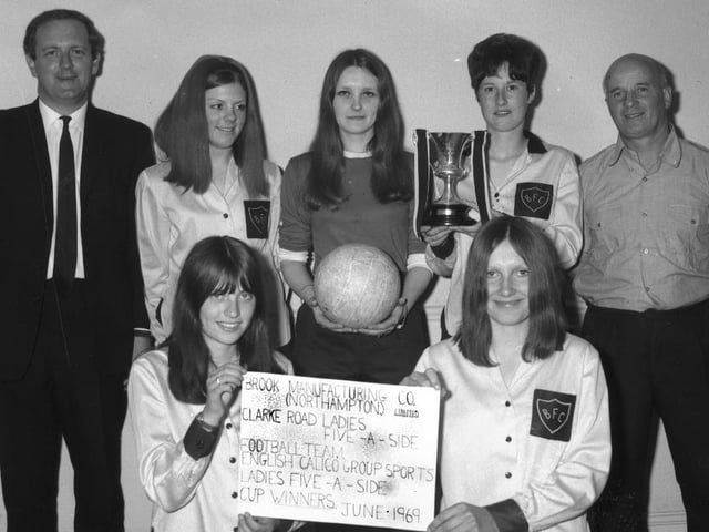 Brook Manufacturing Company, Clarke Road, Northampton, ladies five-a-side football team, English Calico Group Sports Cup winners, June 23, 1969