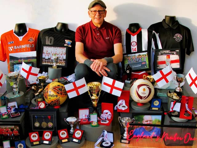 Paul Haynes with his walking football and footgolf, kits, trophies, photographs and memorabilia
