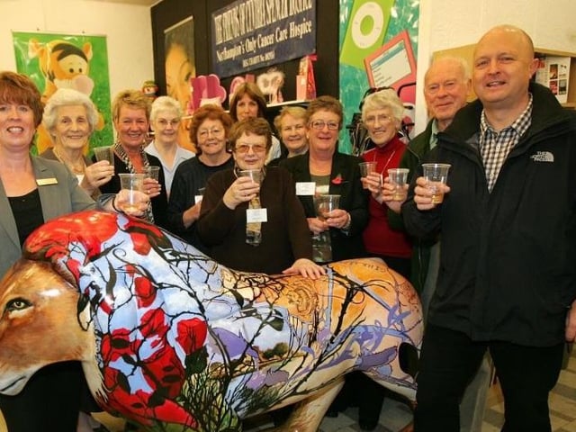 Re-launch of the Friends of Cynthia Spencer shop in Peacock Place in 2009, with one of the Pride of Northampton lions on display.