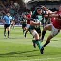 Alex Coles of Saints scores their side's third try at Franklin's Gardens