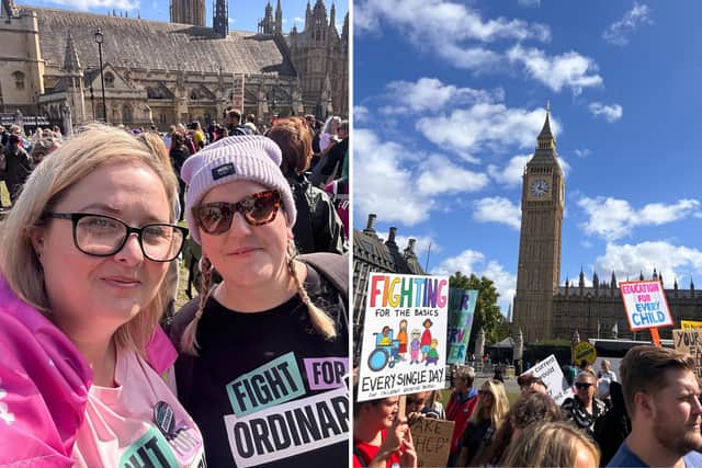 Co-founder of Northants SEND Mummas, Emma Briggs (left), said that it was \"inspiring\" to go to the rally and make sure their voices are heard. Credit: Emma Briggs