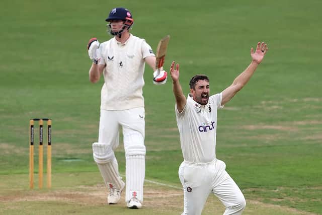 Ben Sanderson appeals for an lbw call against Zak Crawley