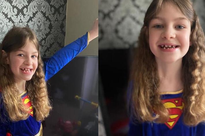 Lucy, age 7, dressed as Supergirl for Comic Relief.