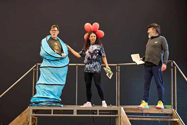 Spymonkey in rehearsal for The Frogs. Photo by Manuel Harlan