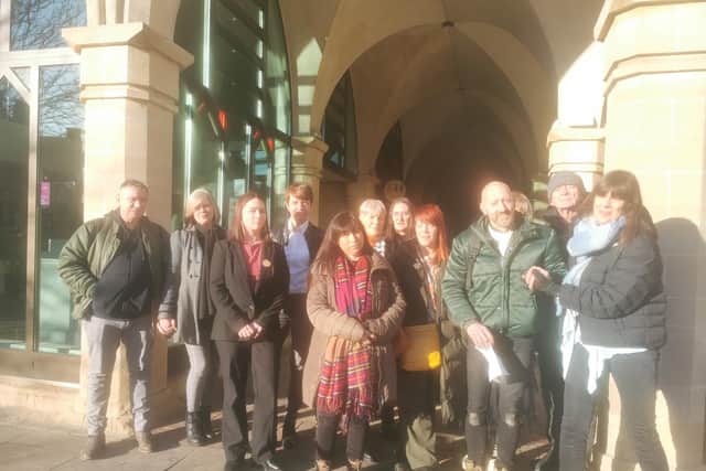 Ms Corrie's friends and family outside The Guildhall. They say they have concerns about the 'non-suspicious' ruling.
