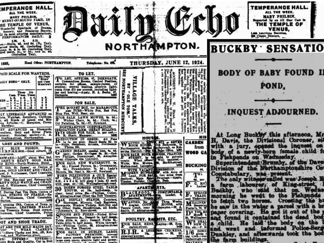 The Daily Echo of June 12, 1924, reports the sad story of a baby's body found by a policeman wrapped in a parcel in a fishing pond in Long Buckby. Needless to say, words like 'sensation' would never be used in the headlines of modern journalism for such a tragic story.