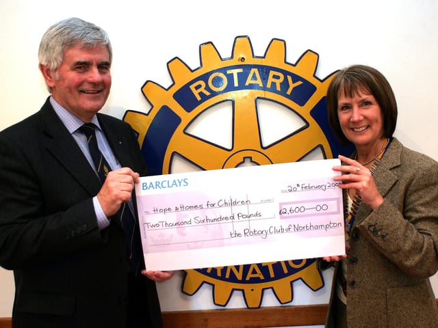Rotary Club Cheque presentation of £2,600 to Rotary's Africa Hope Appeal. Cheque being presented by Northampton Rotary President, Rosemary Good, to Rotary District international Chairman, Chris Chew.