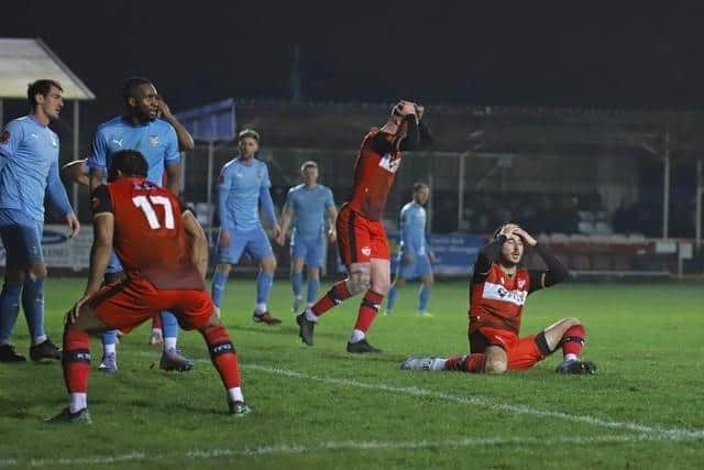 Kettering Town rue a miss in their 0-0 draw with Farsley Celtic on Tuesday night (Picture: Peter Short)