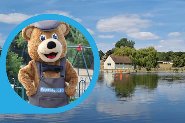 Wicky Bear and the lake at Wicksteed Park, Kettering