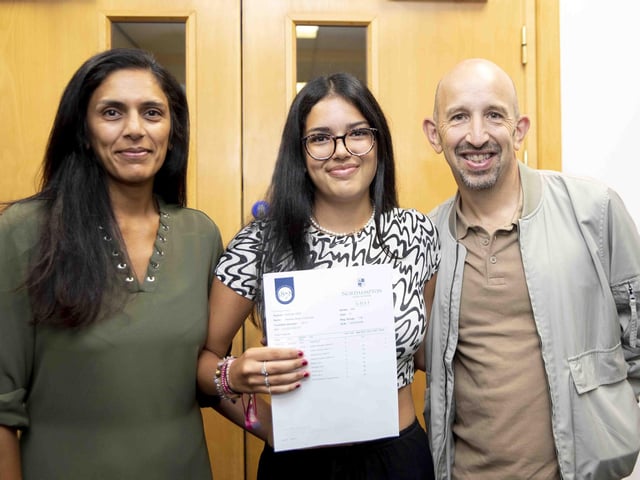 Alessia Emanuele, from Northampton High School, pictured with her parents, achieved all 9s in her 10 GCSEs.