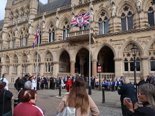 A flag raising service took place at The Guildhall, followed by service in the memorial gardens at All Saints Church, on Thursday May 8.