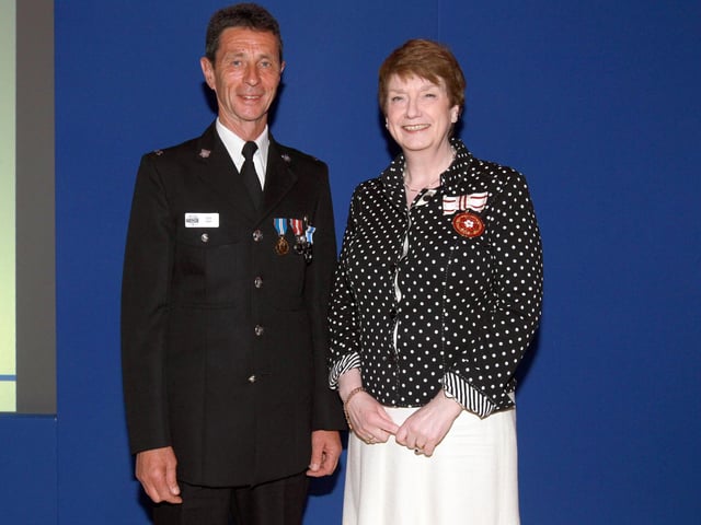 2013 - Northamptonshire Police Long Service awards ceremony takes place at their Headquarters, Wootton Hall, Northampton. Constable Pete Gray, presented by Deirdre Newham.