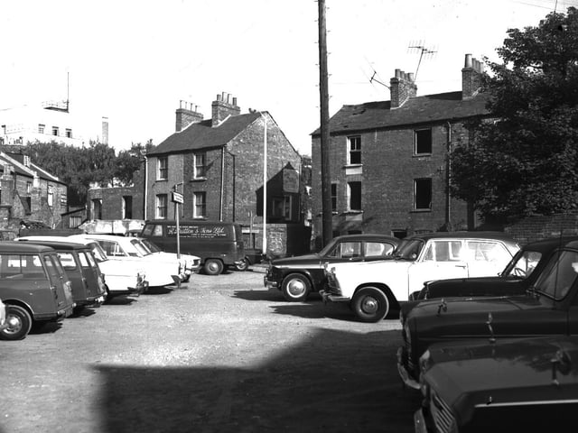 Houses due for demolition at The Mounts, Northampton. The fire station is back left. October 9, 1970
