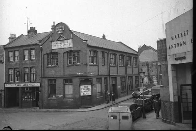 Drapery, Northampton and Jos Tebbutt's Printing Works building and entrance to the Fish Market, February 11, 1959
