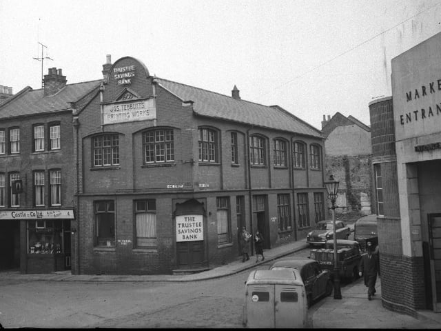 Drapery, Northampton and Jos Tebbutt's Printing Works building and entrance to the Fish Market, February 11, 1959