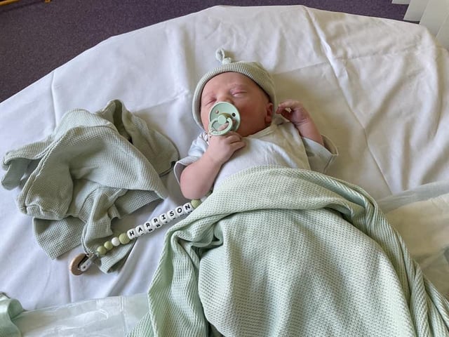 Harrison born at 3.01pm on April 28 at Northampton General Hospital, weighing 7lbs 7oz.