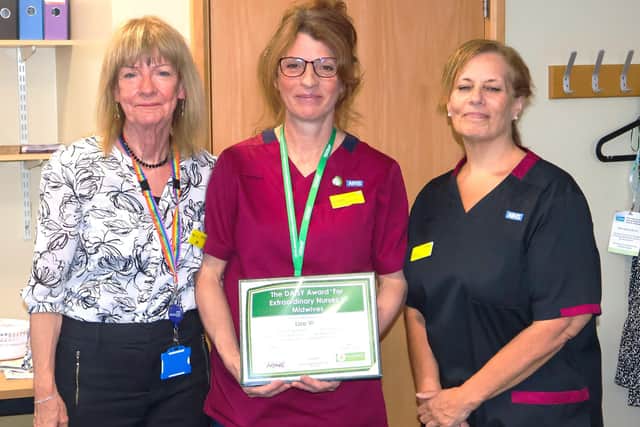 Lisa Wells (centre) is pictured with Non-Executive Director Jill Houghton (left) and Director of Nursing Jo Smith (right).