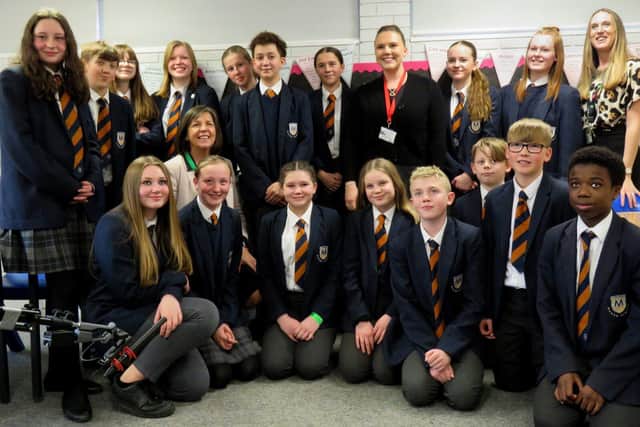 Kate Kane pictured centre with students and Amy Bradshaw from Nene Education Trust