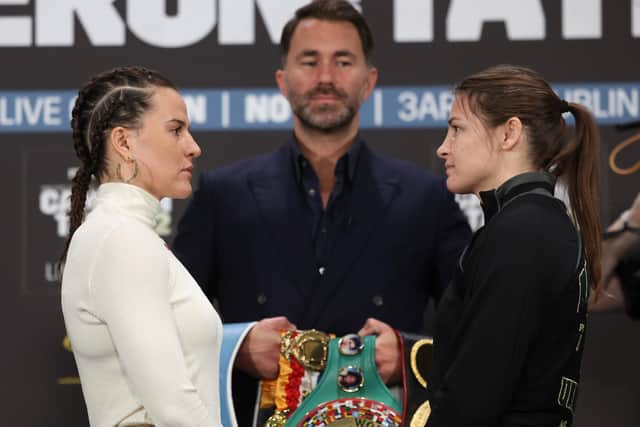 Chantelle Cameron and Katie Taylor face off at Thursday's pre-fight press conference (Picture: Mark Robinson / Matchroom Boxing)