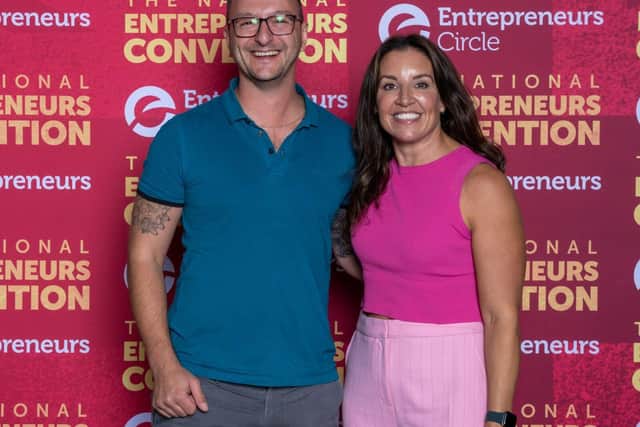 Sam pictured with "Dragons' Den" star Sarah Willigham who spoke at the event