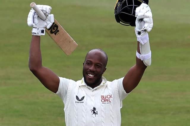 A delighted Daniel Bell-Drummond celebrates after reaching 300 not out for Kent versus Northants - it is the highest score by a visiting player to the County Ground (Picture: David Rogers/Getty Images)