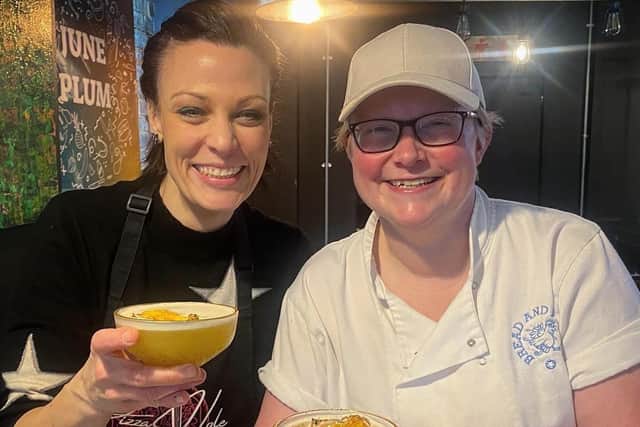 Founder of the Cake/Pizza Hole, Sherrilyn Reynolds, with Bread and Pullet owner, Jennie Bowmaker, at their first Pudding Hole event in Long Buckby.