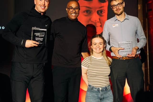 l-r Richard Kilty, Colin Jackson, Maisie Summers-Newton and Everyone Active's general manager Andrew Joy