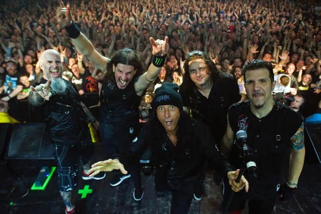 Anthrax on stage at Barrowland Ballroom, Glasgow, February 15, 2017(from left) Scott Ian, Frank Bello, Joey Belladonna, Jonathan Donais, Charlie Benante (photo: Andy Buchanan)Picture © Andy Buchanan 2017 