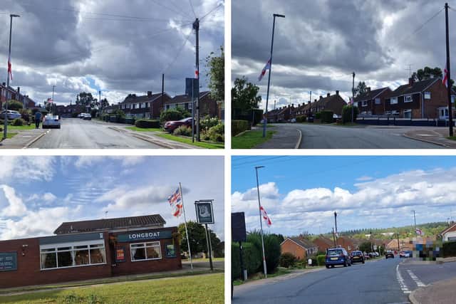 Firsview Drive, Duston, with St George’s flags along the street and the Longboat pub visible at bottom left.