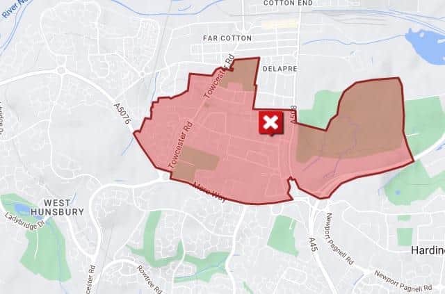 The area affected by the water supply issue in Far Cotton, as shown on the Anglian Water website.