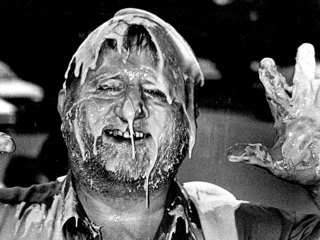 Geoff Howes in custard pie fight Children In Need 1990