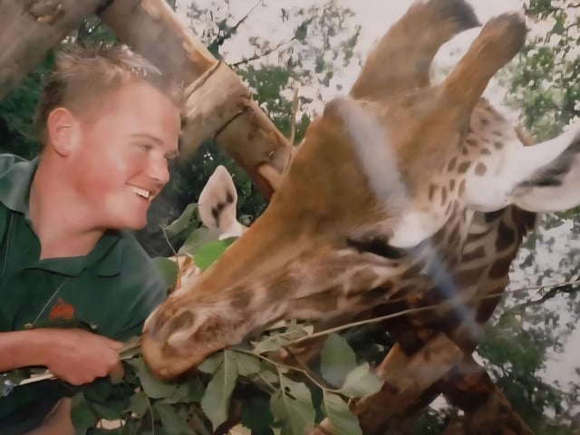 Anthony with Sophie the Giraffe at Dudley Zoo