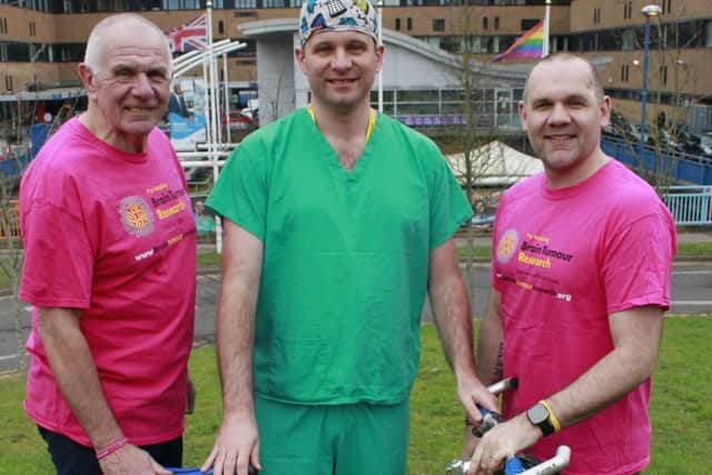 (left to right) Darryl Claypole, Dr Stuart Smith, Tom Claypole at Queen’s Medical Centre (QMC) in Nottingham