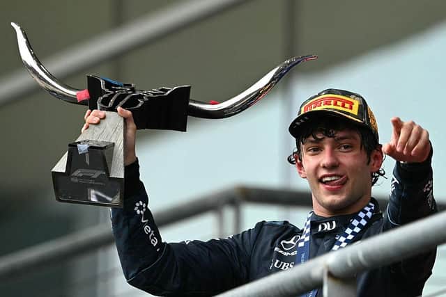 Race winner Kimi Antonelli celebrates his race win in the US on Sunday