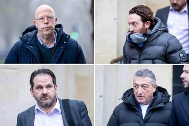 David Cardoza (top left), Marcus Grossman (top right), Simon Patnick (bottom left) and Howard Grossman (bottom right) pictured leaving Northampton Magistrates' Court following their first hearing in January 2025.