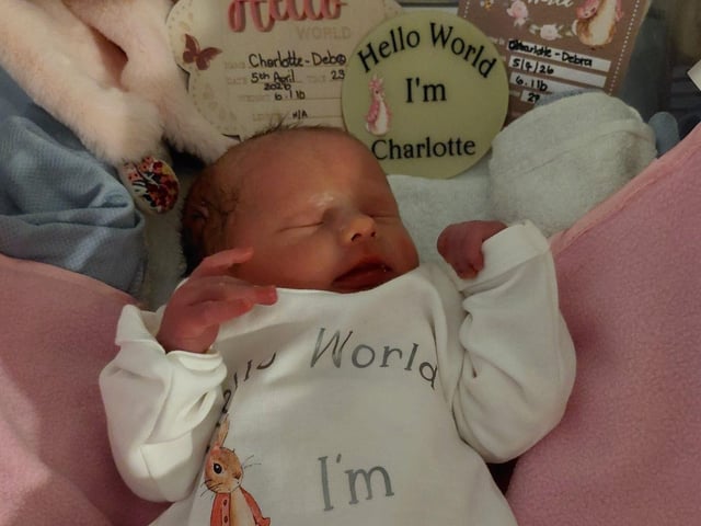 Charlotte Debra Nicola born at 11.02pm on April 5 at Northampton General Hospital, weighing 6lbs 1oz.