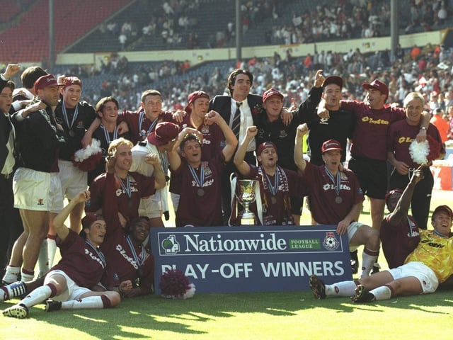 24 May 1997: Northampton Town celebrate their victory against Swansea City in the Nationwide Division Three Play Off Final at Wembley Stadium in London, England. Northampton Town won the match 1-0 and gained promotion into Nationwide Division Two. \ Mandatory Credit: Anton Want /Allsport