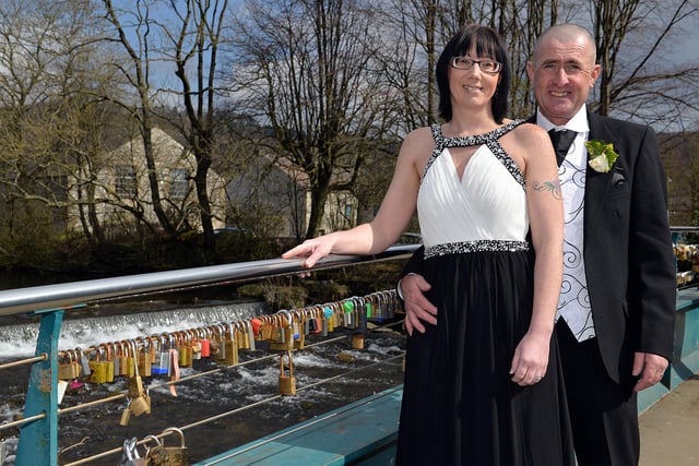 Padlock bridge in Bakewell town centre, pictured are newly weds Kelly and Richard Wathall in 2015